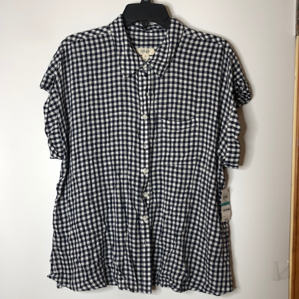 NWT Style & Co NAVY Gingham Checkered Top Blouse 0X PLUS SIZE New with Tags; NWT